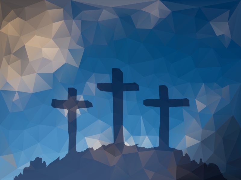 Easter scene with cross. Jesus Christ. Polygonal vector design.